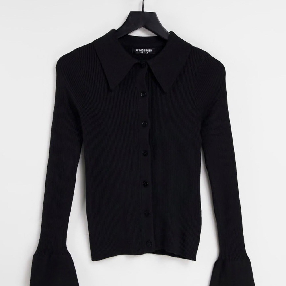 ASOS Fashion Union knitted button front polo top in rib black